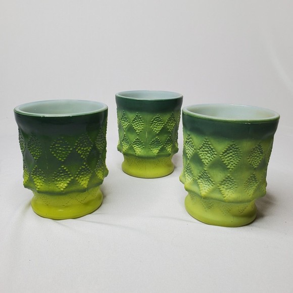 MCM FIRE KING Green Kimberly Mugs Cups Anchor Hocking Diamond Argyle Ombre 3 Set - Picture 5 of 13